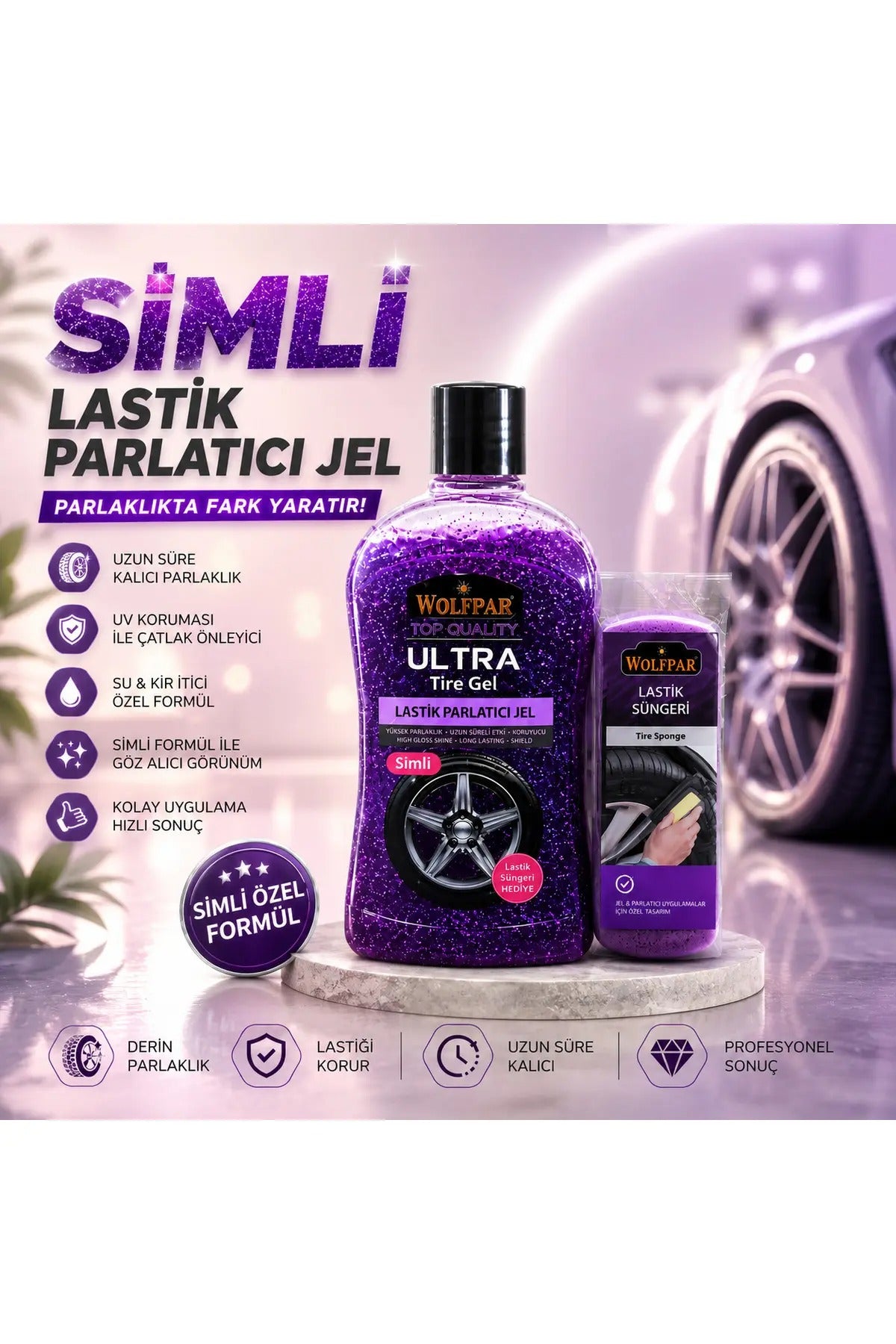 PREMİUM Simli Lastik Parlatıcı Jel ve Lastik Süngeri (MOR)